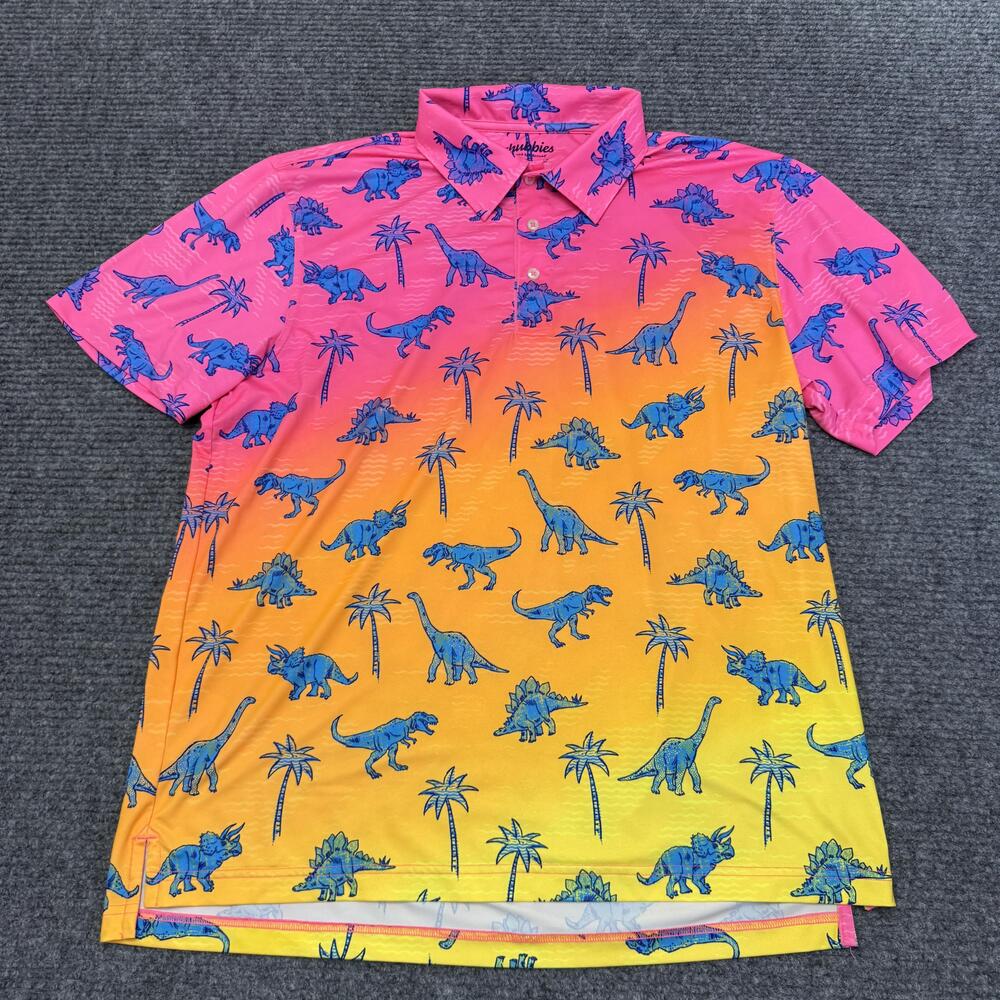 Chubbies Polo Shirt Mens Large Multicolor Dinosaur Tropical Performance Stretch